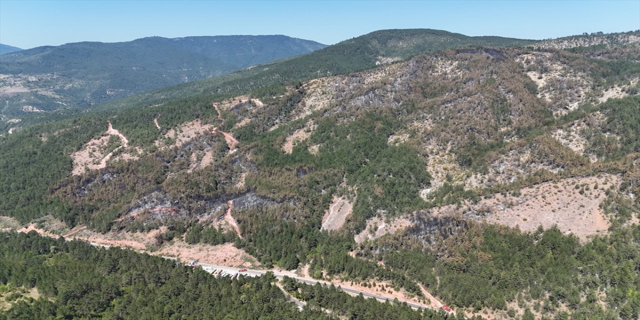 Karabük'ün Ovacık ilçesinde çıkan yangında zarar gören ormanlık alan, dronla görüntülendi.